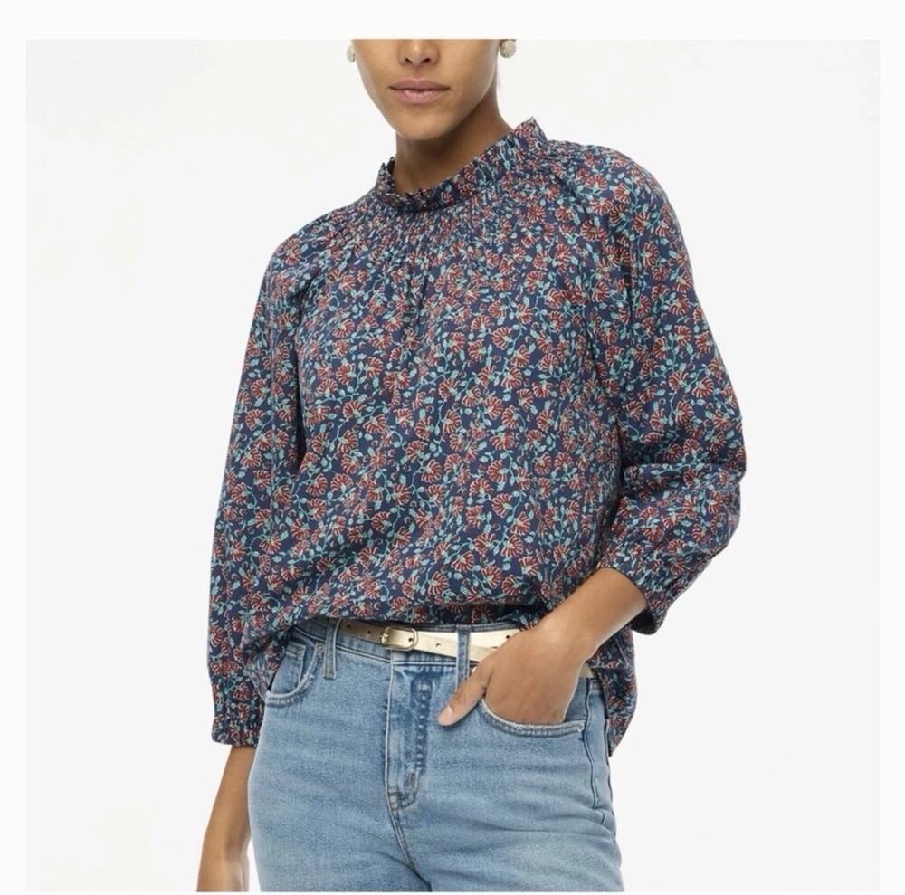 J. Crew Factory Floral Smocked-Neck Top Floral Print Blue Burgundy XXS Preppy